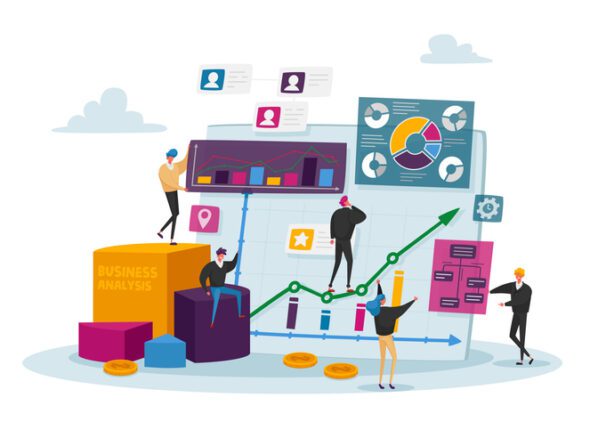 Business Analysis, Tiny Characters at Huge Monitor with Charts. Managers Analyze Information Analysing Graphs on Monitor